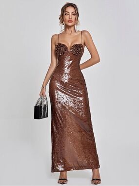 Strapless Brown Sequin Evening Gown with Floral Bust